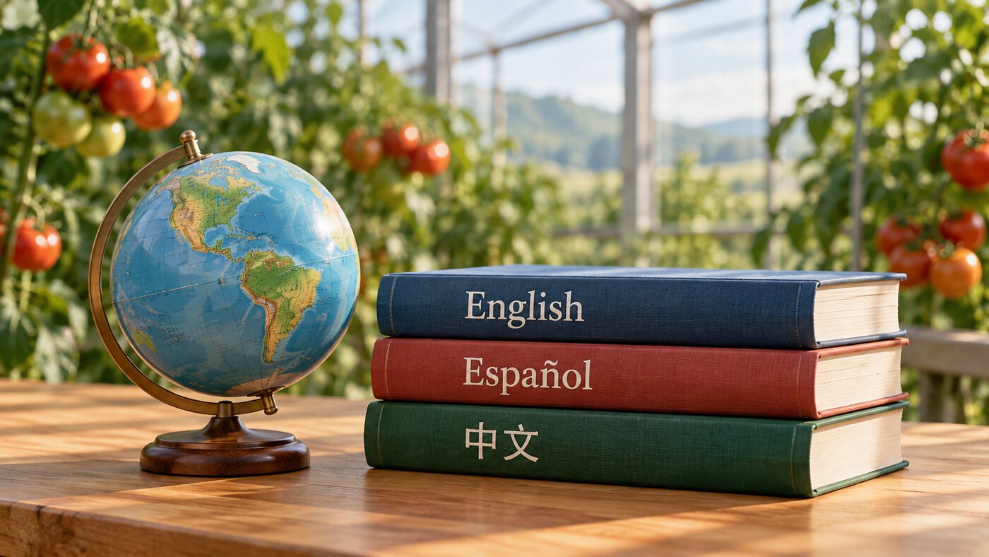 英語・スペイン語・中国語の本と地球儀