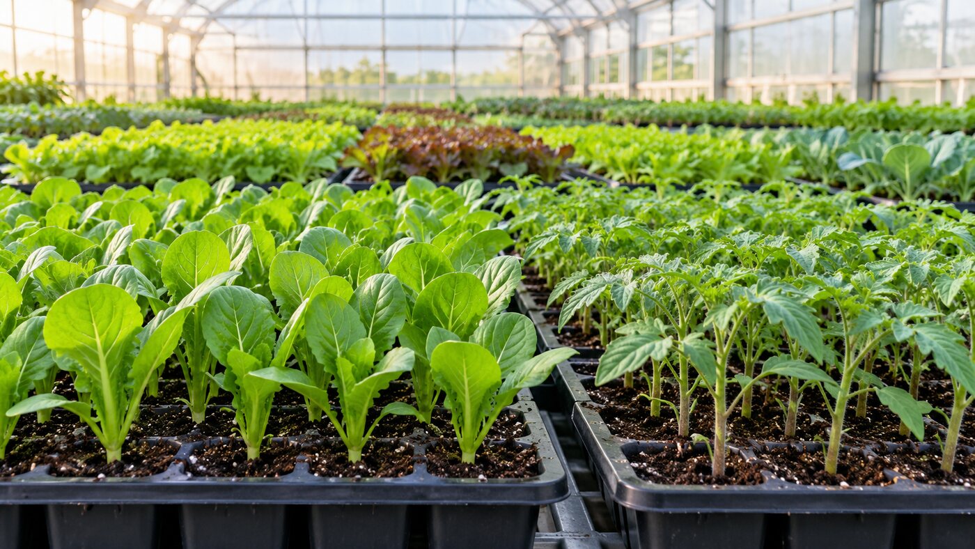 ハウス内に並ぶ健康な野菜苗